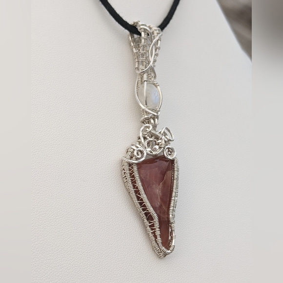 Sterling Silver Moonstone And Strawberry Rhodochrosite Pendant Necklace Handmade - Picture 6 of 17